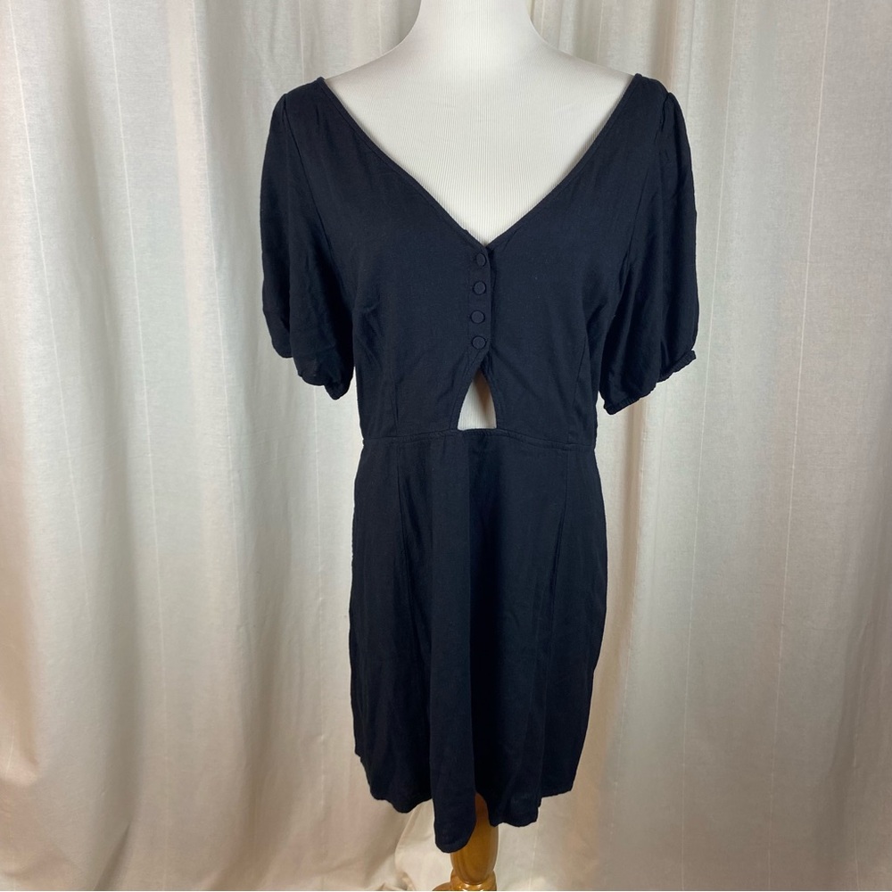 Abercrombie Women’s Large Mini Dress Puff Sleeve Cutout Buttons Smocked Linen